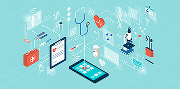 Foto: Illustration mit Smartphone, Arztkoffer, Stethoskop usw. zur Visualisierung von Digitalen Gesundheitsanwwendungen.
