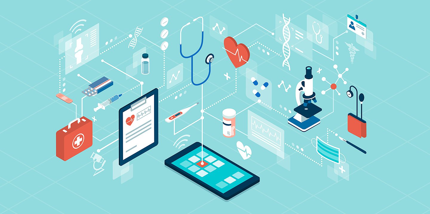 Foto: Illustration mit Smartphone, Arztkoffer, Stethoskop usw. zur Visualisierung von Digitalen Gesundheitsanwwendungen.