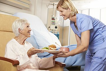 Schmuckfoto zeigt eine &auml;ltere Frau im Krankenhausbett sitzend, der ein Tablett mit Essen von einer Fachkraft gereicht wird.