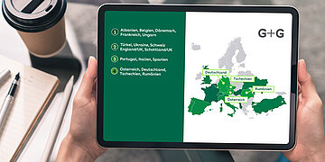 Eine Europakarte auf einem Tablet zeigt, dass Deutschland im Vergleich mit anderen L&auml;ndern bei der Digitalisierung des Gesundheitswesens im Mittelfeld liegt.