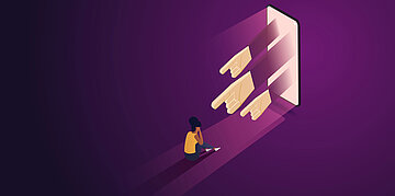 Illustration: Eine sitzende Person blickt auf ein Smartphone, aus dessen Bildschirm mehrere zeigende H&auml;nde herausragen.