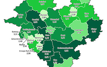 Eine in Gr&uuml;nt&ouml;nen farbig abgestufte Karte von Westfalen-Lippe auf Ebene der Kreise und kreisfreien St&auml;dte auf der die jeweiligen Demenz-Pr&auml;valenzen angegeben sind.