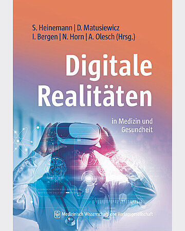 Buchcover: Digitale Realit&auml;ten. Abgebildet ist eine Frau in Arztkittel mit einer VR-Brille auf dem Kopf.