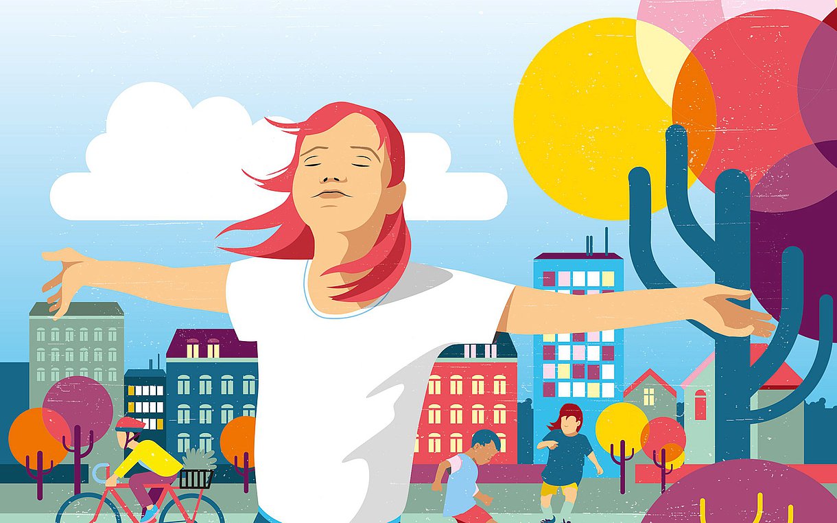 Illustration eines Mädchens, das in einer bunten Stadtkulisse mit viel Natur befreit atmet