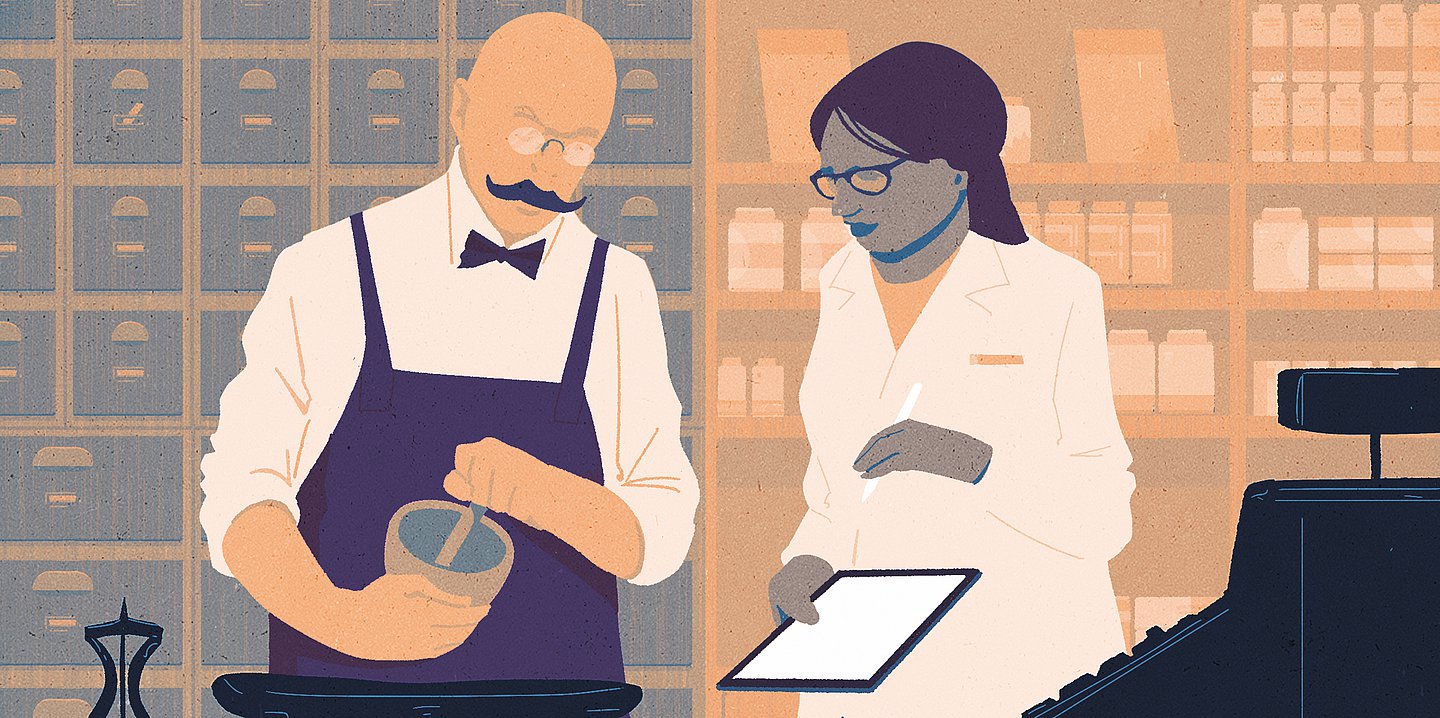 Illustration eines Apothekers, der etwas anrührt. Neben ihm steht eine Apothekerin mit einem Tablet und schaut zu.