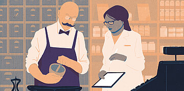 Illustration eines Apothekers, der etwas anr&uuml;hrt. Neben ihm steht eine Apothekerin mit einem Tablet und schaut zu.