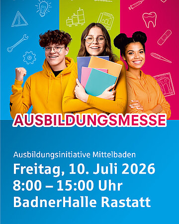 Werbebanner der Ausbildungsmesse Mittelbaden 2026; es zeigt drei Jugendliche
