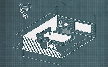 Illustration: In einer Zeichnung eines Zimmers auf einer Pflegestation sind ein Bett, eine Kommode und ein Rollstuhl eingezeichnet. Oberhalb kommt aus einem Trichter Geld.