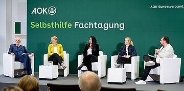 Auf einem Podium sitzen in wei&szlig;en Ledersesseln f&uuml;nf M&auml;nner und Frauen und sind in ein Gespr&auml;ch vertieft. 