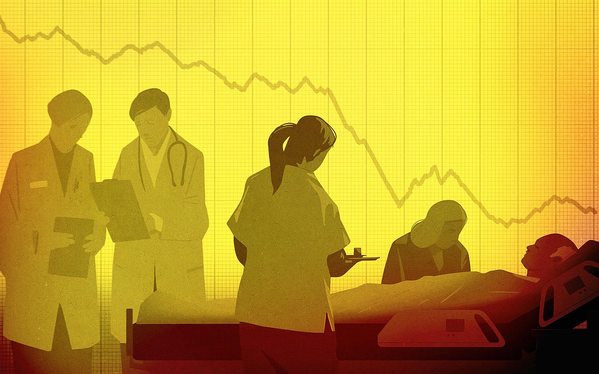 Illustration: Visite meherer Ärzte am Bett eines alten Mannes, neben dem seine Frau sitzt. Im Hintergrund ist eine Fieberkurve zu sehen.