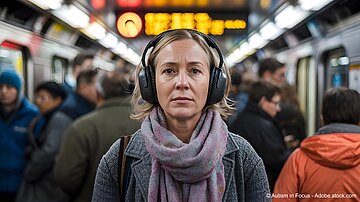 Frau mit Kopfh&ouml;rern in einer Bahn