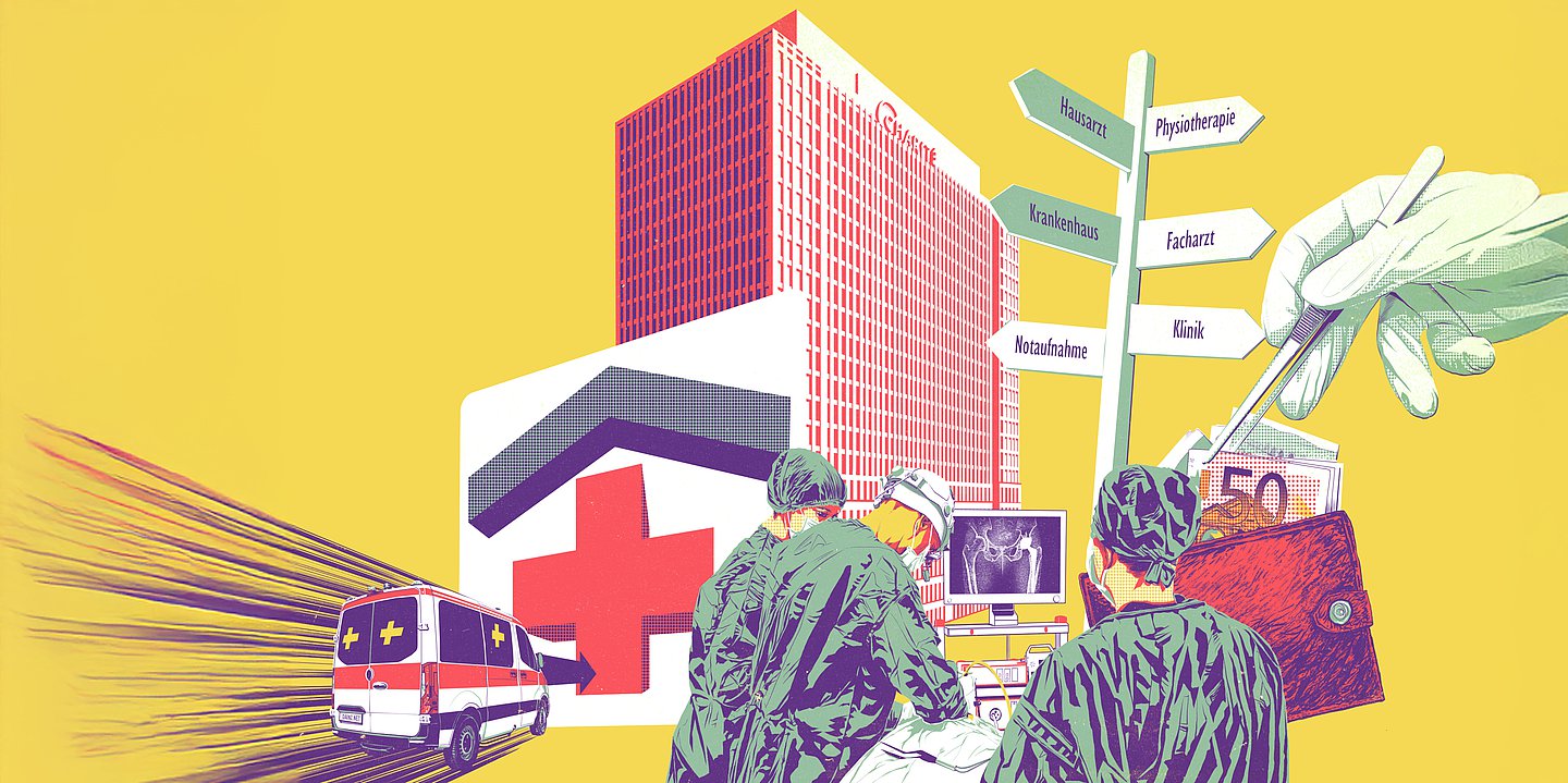 Illustration mit vielen verschiedenen Elementen, wie einem Krankenhaus, einem Rettungswagen, einem Wegweiser.