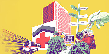 Illustration mit vielen verschiedenen Elementen, wie einem Krankenhaus, einem Rettungswagen, einem Wegweiser.