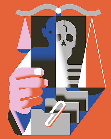 Illustration im abstrakten Stil mit einer Person, die ein Röntgenbild hält - die eine Hälfte zeigt ein Skelett, im Hintergrund ist die Waage der Justiz zu sehen.
