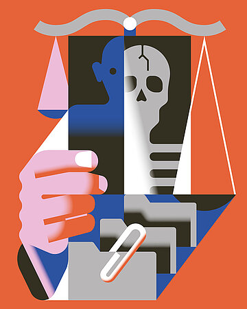 Illustration im abstrakten Stil mit einer Person, die ein R&ouml;ntgenbild h&auml;lt - die eine H&auml;lfte zeigt ein Skelett, im Hintergrund ist die Waage der Justiz zu sehen.