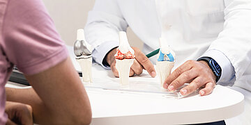 Ein Gespr&auml;ch zwischen Patient und Arzt. Vor ihnen stehen drei Modelle von k&uuml;nstlichen Gelenken.