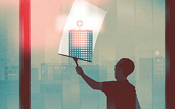 Illustration eines Mannes, der eine gro&szlig;e Glasfront putzt. Hinter der schmutzigen Scheibe wird ein Krankenhaus sichtbar.