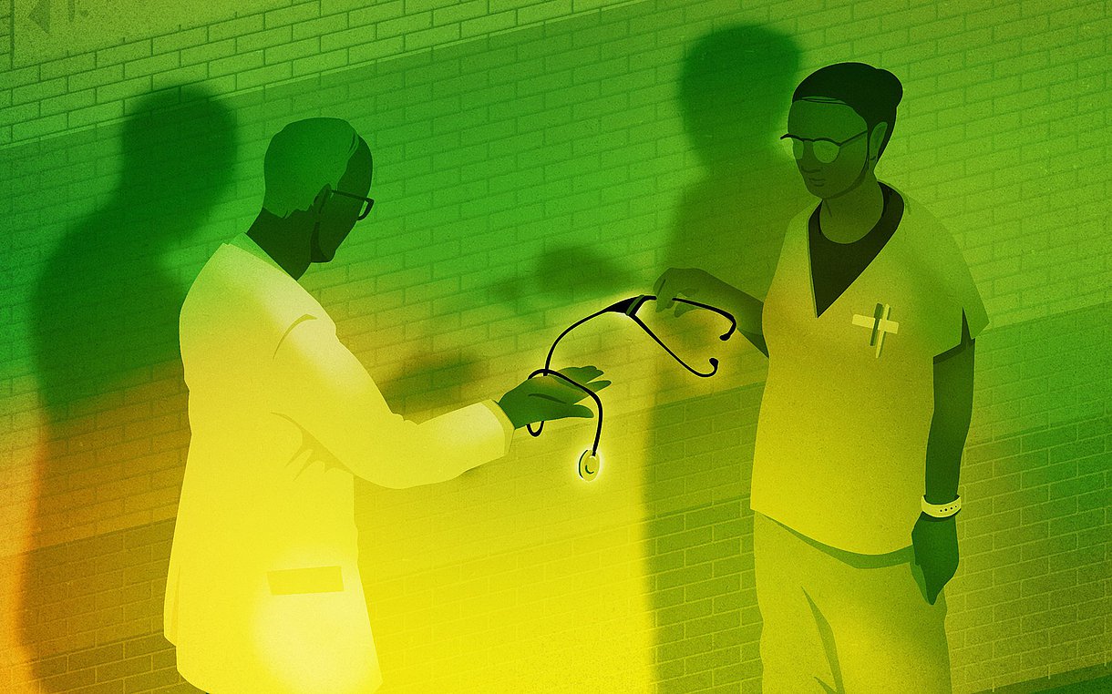 Illustration: Ein Arzt gibt einer Krankenschwester ein Stethoskop