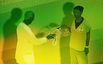 Illustration: Ein Arzt gibt einer Krankenschwester ein Stethoskop