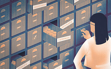 Illustration einer Apothekerin, die etwas aus einem Schubfach eines Apothekenregals nimmt. Diese sind teilweise mit eurp&auml;ischen L&auml;ndernamen beschriftet.