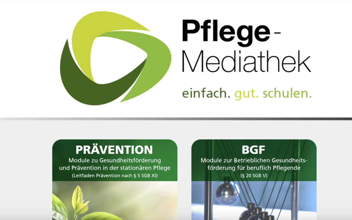 Das Bild zeigt das Logo der AOK Pflege-Mediathek und zwei Hauptthemen