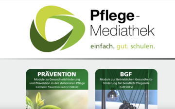 AOK Pflege-Mediathek Das Bild zeigt das Logo der AOK Pflege-Mediathek und zwei Hauptthemen