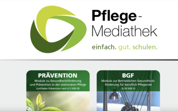 Das Bild zeigt das Logo der AOK Pflege-Mediathek und zwei Hauptthemen