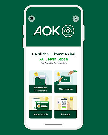 Das Bild zeigt den Start-Bildschirm der App "AOK mein Leben" in einer grafischen Darstellung. Zu sehen sind Kacheln zu den Nutzungsbereichen: ePA, Akte vertreten, GesundheitsID, E-Rezept.