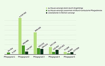 Grafik 2: Pflegegrade Pflegebedürftige  Wie viele Pflegebedürftige welche Pflegegrade haben Jüngste Zahlen des Statistischen Bundesamtes zeigen: Von den rund fünf Millionen pflegebedürftigen Menschen hat die Mehrheit Pflegegrad 2 und 3.