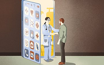 In einer Hauswand ist eine große Tür. Diese sieht aus wie ein Smartphone. Die Vorderseite ist gefüllt mit App, die verschiedene Arztsymbole tragen (z.B. Spritze, DNA, Pflaster, Herzdiagramm, Telefon usw.). In der Tür steht eine Ärztin, die einem Patienten mit einem Handschlag begrüßt.