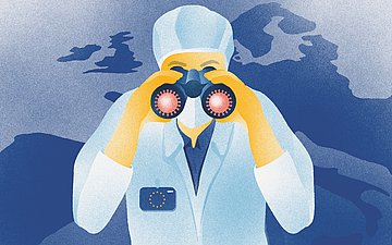 Gesundheitsunion Illu einer Person im Schutzanzug, die durch ein Fernglas blickt