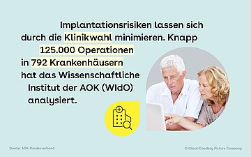 Slider zum Thema Implantationrisiko mit Text und Bild von einer älteren Frau, die zusammen mit einem Arzt auf einen Bildschirm blickt