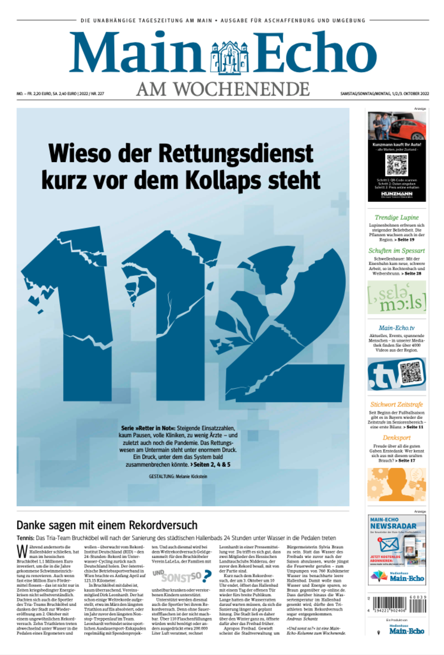 Titelseite der Main-Echo-Ausgabe zum Gewinnerbeitrag der Serie "Retter in Not" von Veronika Schreck.