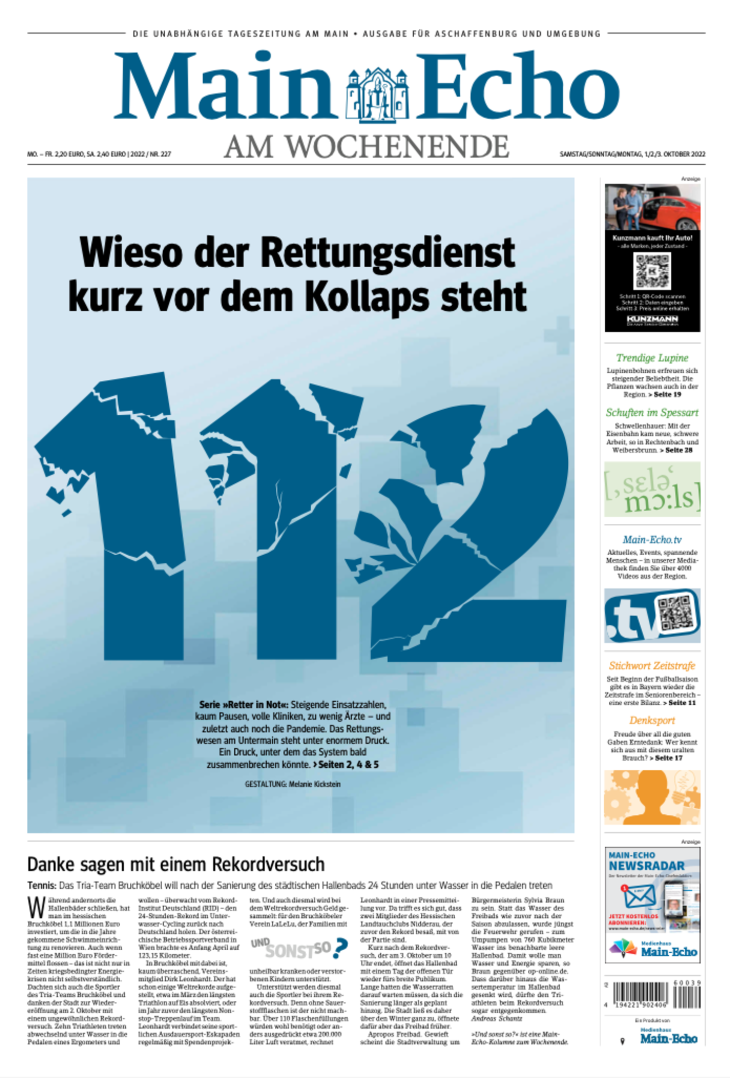 Titelseite "Main-Echo" Serie "Retter in Not". 1. Platz des Fritz-Schösser-Medienpreises 2022.