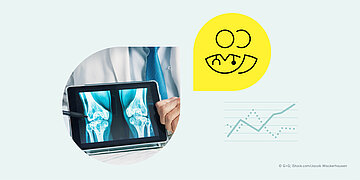 Illustration zum Thema medizinische Zweitmeinung: Eine &Auml;rztin oder ein Arzt betrachtet auf einem Tablet R&ouml;ntgenaufnahmen beider Knie. Daneben sind ein stilisiertes Arzt-Symbol und ein ansteigendes Liniendiagramm zu sehen.