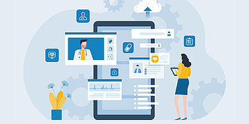 Illustration: Auf hellblauem Hintergrund mit Zahnr&auml;dern ist ein gro&szlig;es Smartphone abgebildet. Aus ihm treten verschiedene Icons (z.B. Doktor, Computer mit Herz, Pille) heraus. Ebenso treten Webpages und digitale Akten mit Personendaten hervor. Rechts vor dem Smartphone steht eine Frau, blickt auf die Daten und macht sich Notizen auf ihrem Klemmbrett.