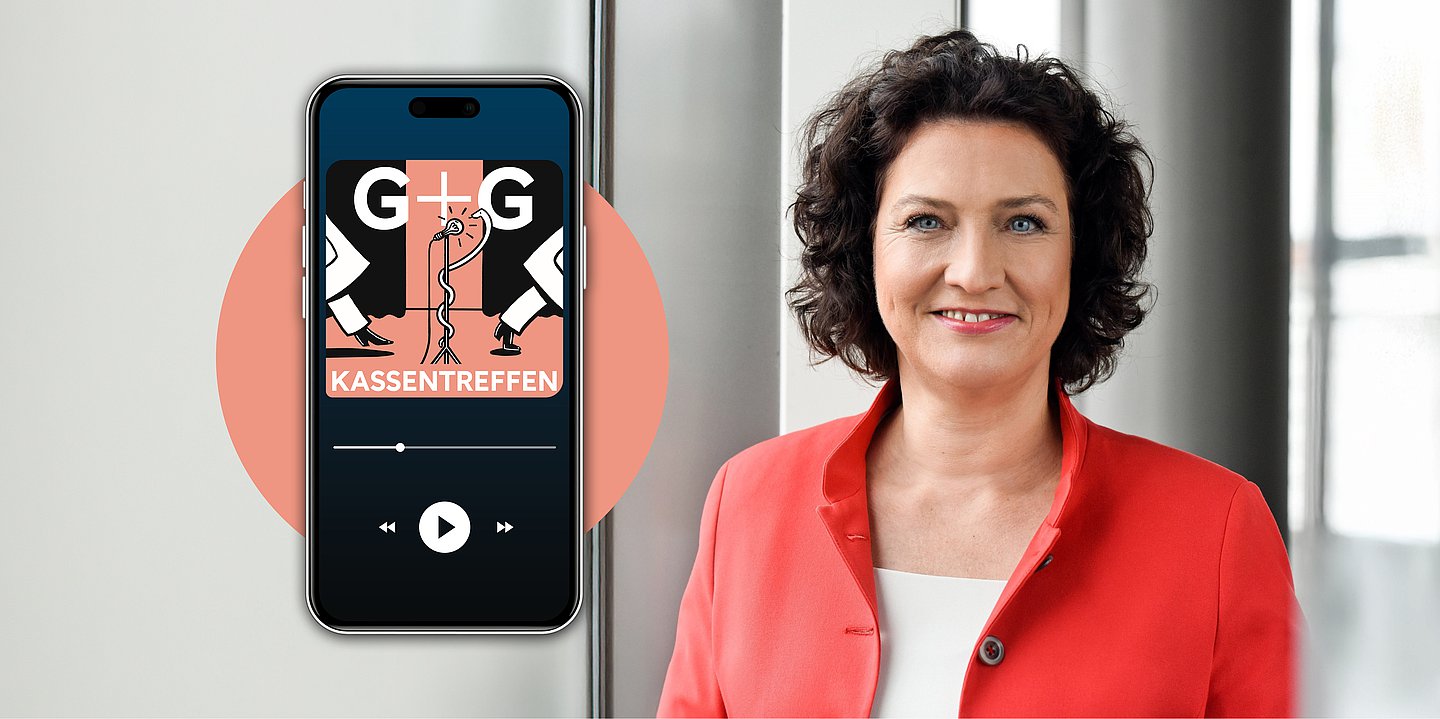 Bildmontage zeigt Dr. Carola Reimann, die Vorstandsvorsitzende des AOK-Bundesverbandes, rechts daneben das Logo des G+G Kassentreffens, eingearbeitet in ein Smartphone.