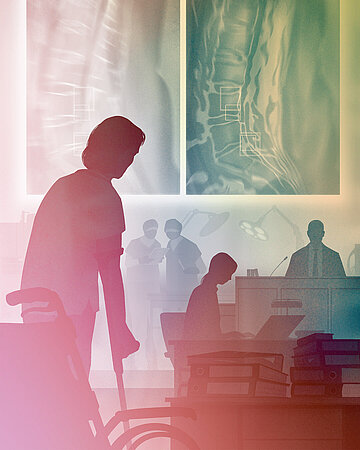 Illustration: Illustration mit R&ouml;ntgenaufnahmen der Wirbels&auml;ule, medizinischem Personal, einer gehbehinderten Person mit Stock und Rollstuhl, Aktenbergen sowie einer Anh&ouml;rung mit Rednerpult.
