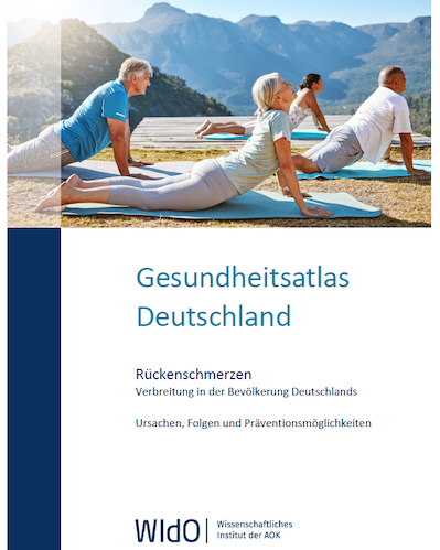 Foto oben: Menschen vor Alpenpanorama machen Dehnübungen für den Rücken, darunter der Titel der Publikation: " Gesundheitsatlas Deutschland – Rückenschmerzen