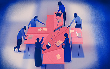 Illustration von sechs M&auml;nnern und Frauen um einen roten, kreuzf&ouml;rmigen Tisch, die aus verschiedenen Nationen kommen und miteinandern im Austausch sind