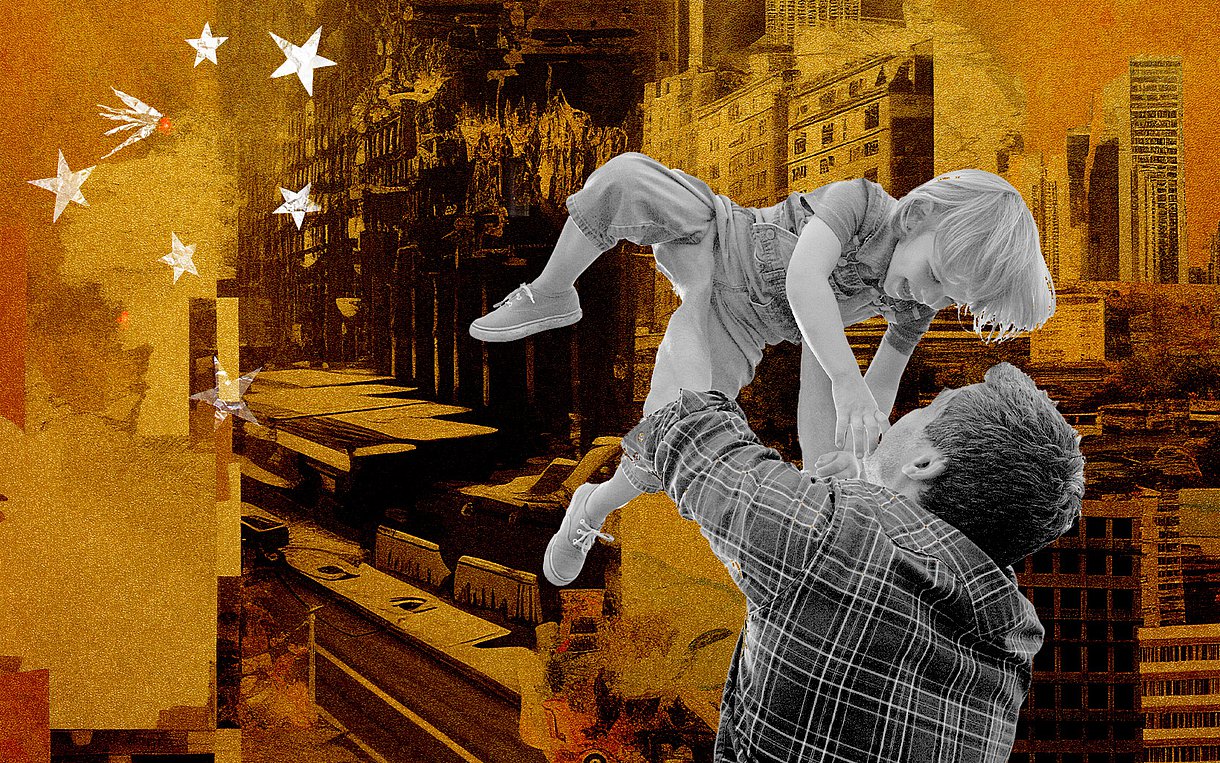 Foto: Illustration eines Mannes, der ein Kind hochhebt.