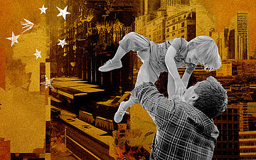 Foto: Illustration eines Mannes, der ein Kind hochhebt.