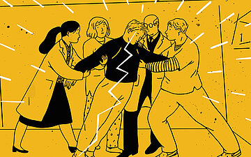 Illustration eines jungen Mannes durch den ein Blitz geht. Er wird von vier anderen Menschen gehalten.