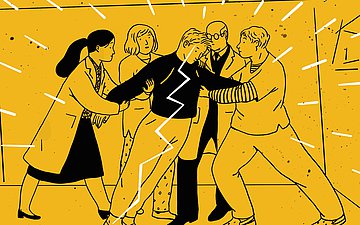 Zwang Illustration eines jungen Mannes durch den ein Blitz geht. Er wird von vier anderen Menschen gehalten.