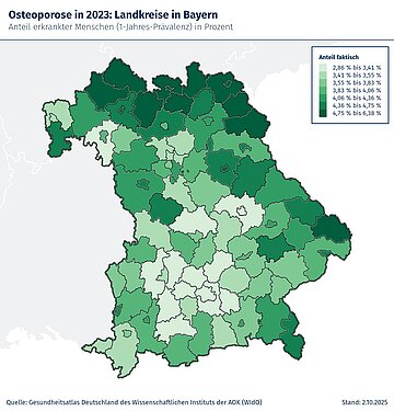 Grafik mit Verteilung der Osteoporose-Erkrankungen in den bayerischen Landkreisen und kreisfreien St&auml;dten