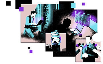 Foto: Illustration zum Thema Cyberkriminalit&auml;t in Krankenh&auml;usern: Mehrere Szenen, darunter kriminelle Hacker beim Datenklau.