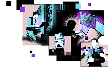 Foto: Illustration zum Thema Cyberkriminalität in Krankenhäusern: Mehrere Szenen, darunter kriminelle Hacker beim Datenklau.