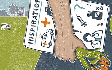 Close-Up auf eine Hand, die orangene Tulpen trägt, unterm Arm eine Liste auf der "Inspiration" steht. Darunter stehen verschiedene Symbole wie ein Rettungswagen, eine Ärztin, eine Spritze und Medikamente.