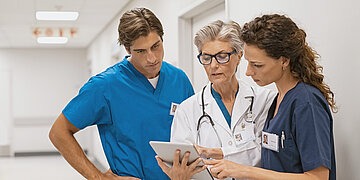 Eine &Auml;rztin, ein Pfleger und eine Pflegerin haben eine Teambesprechung auf dem Klinikgang.