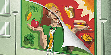 Illustration: Eine Personklebt ein neues Plakat mit gesundem Essen &uuml;ber ein Werbeplakat f&uuml;r Fast Food